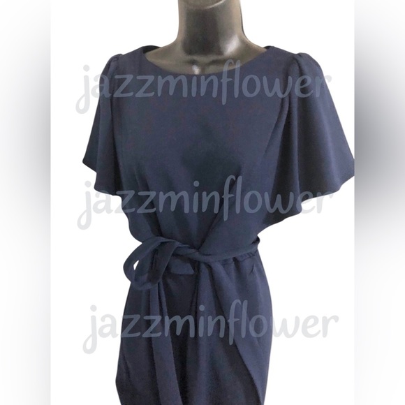 DKNY dark navy blue flutter‎ sleeve belted jumpsuit size 4 new - Picture 5 of 13